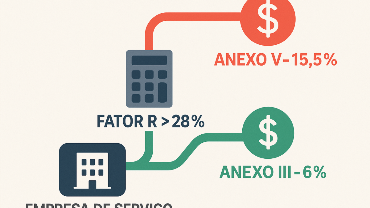 Infográfico explicando a diferença de alíquotas de imposto entre o Anexo III (6%) e o Anexo V (15,5%) do Simples Nacional, determinadas pelo Fator R.