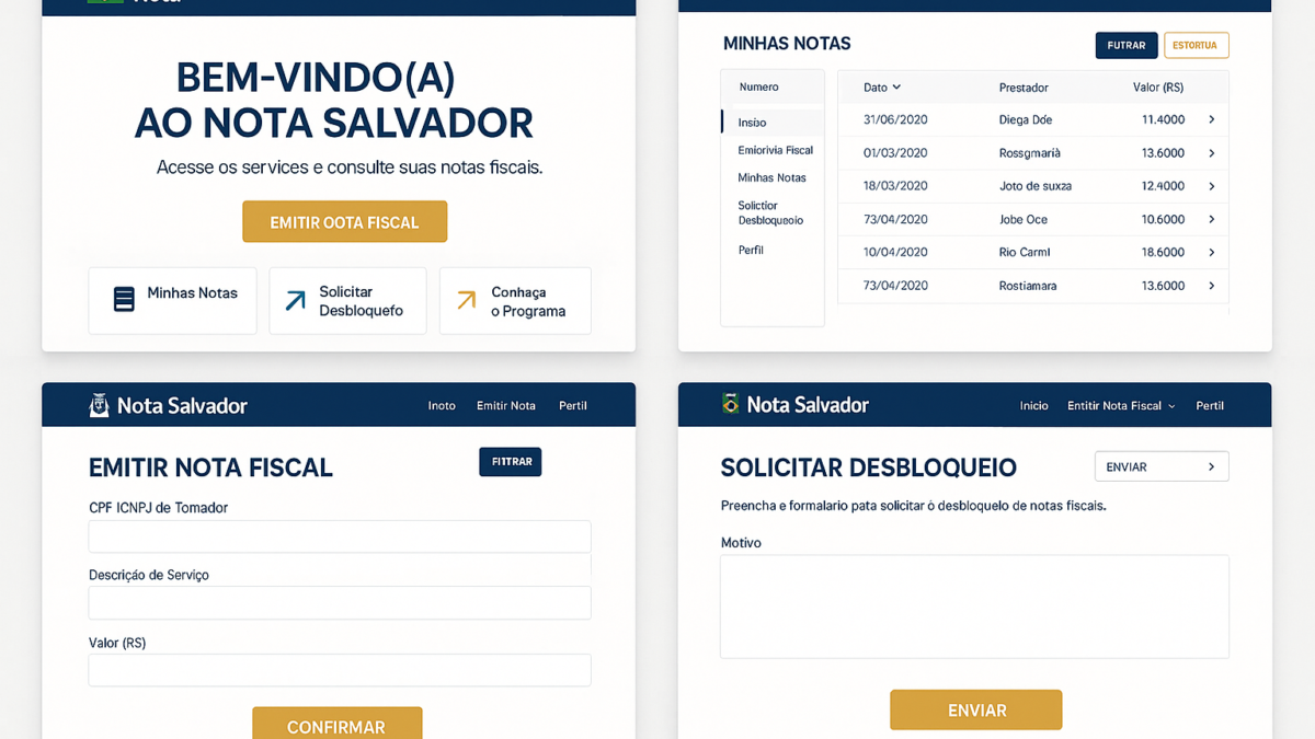 Tela de acesso ao sistema do portal Nota Salvador, com destaque para os campos de login CNPJ e Senha Web.
