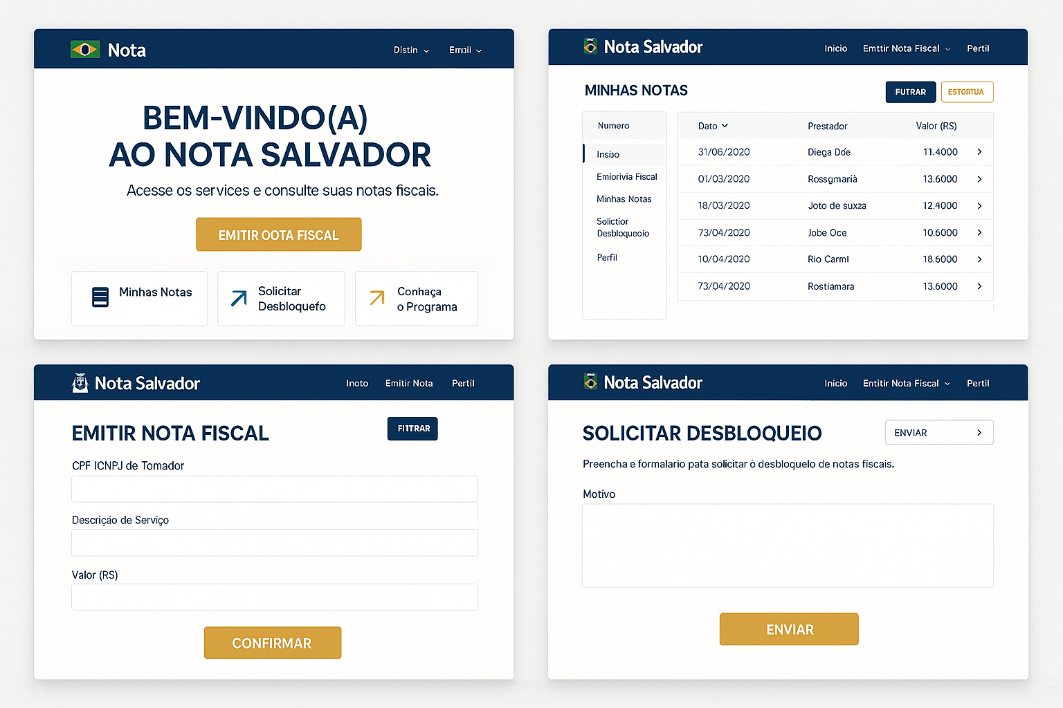 Tela de acesso ao sistema do portal Nota Salvador, com destaque para os campos de login CNPJ e Senha Web.