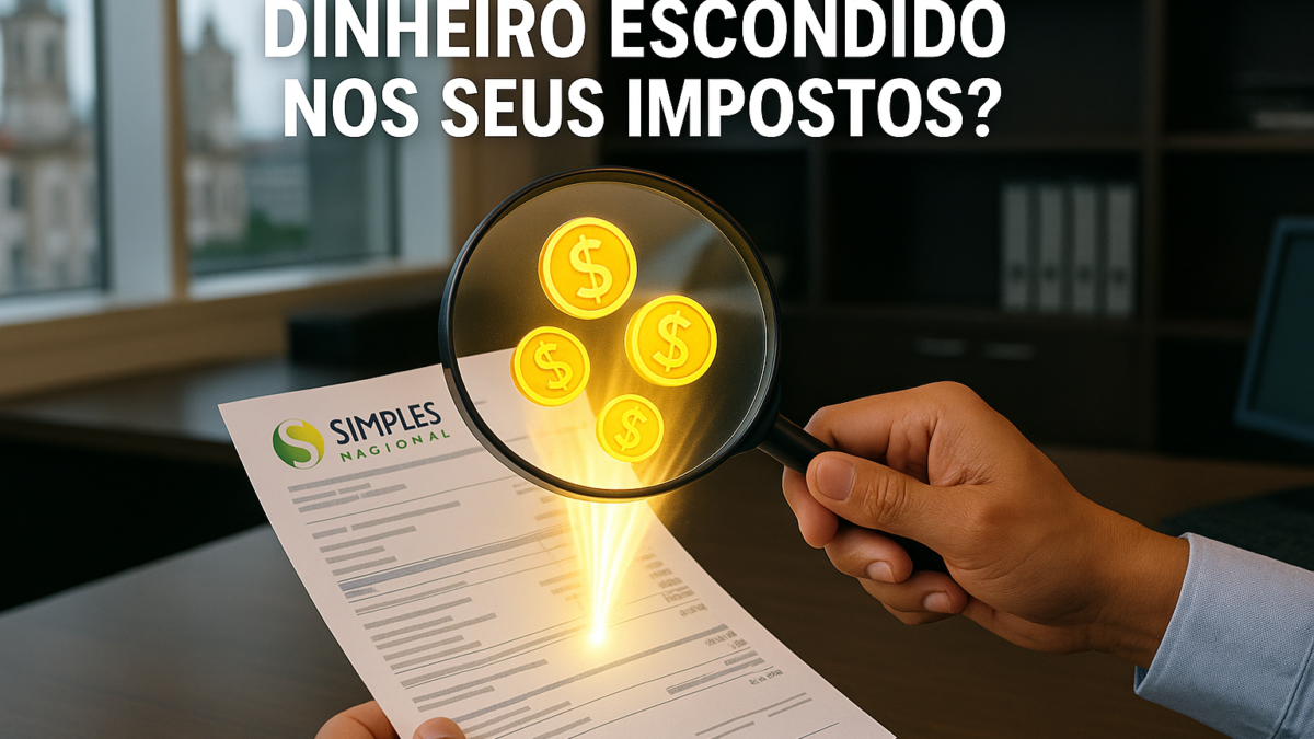 Mão com lupa encontrando créditos tributários em documentos fiscais, simbolizando o serviço de recuperação de impostos da DigitalContt em Salvador.