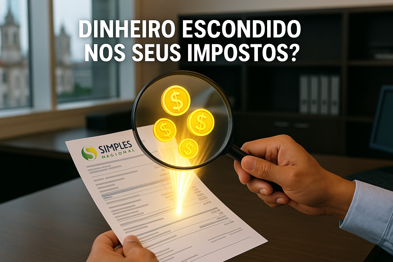 Mão com lupa encontrando créditos tributários em documentos fiscais, simbolizando o serviço de recuperação de impostos da DigitalContt em Salvador.