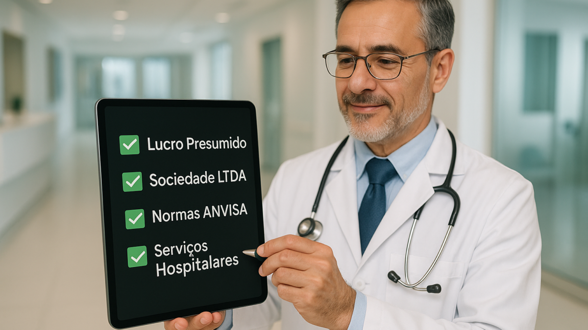 Checklist com os 4 requisitos essenciais para uma clínica médica ter direito ao benefício da equiparação hospitalar no Lucro Presumido.