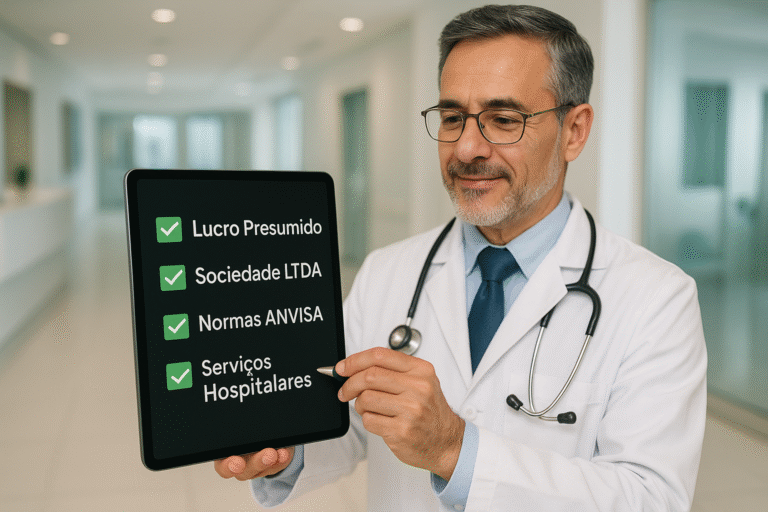 Checklist com os 4 requisitos essenciais para uma clínica médica ter direito ao benefício da equiparação hospitalar no Lucro Presumido.