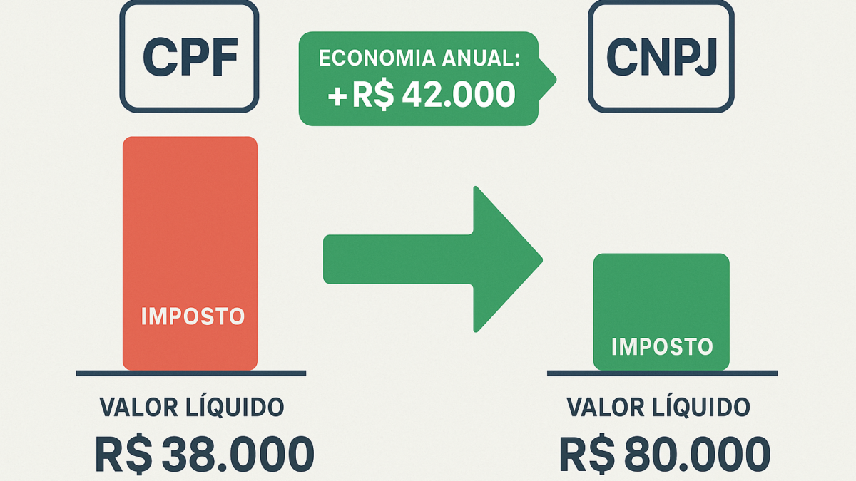 Infográfico comparando o valor líquido final para um médico que recebe R$ 20.000 por mês via CPF versus via CNPJ, mostrando a economia de impostos.