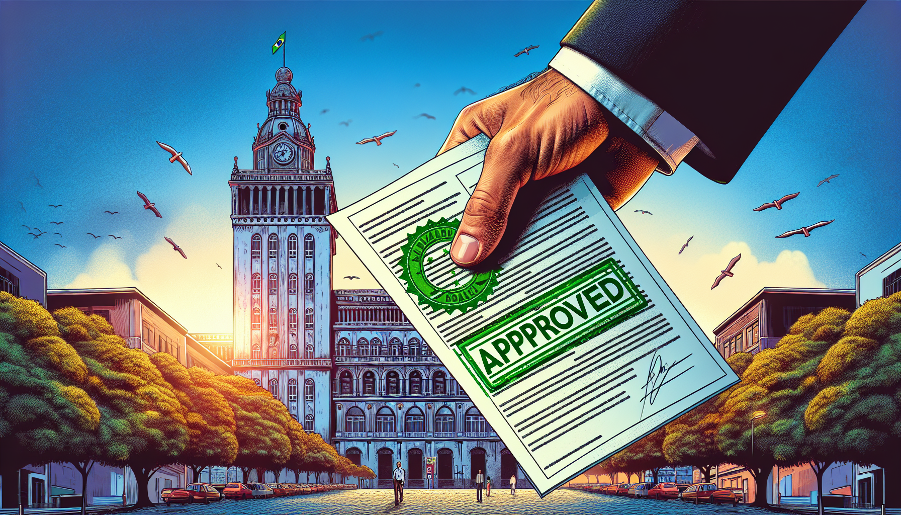 Documento de Alvará de Funcionamento (TVL) aprovado em Salvador com paisagem da cidade ao fundo.